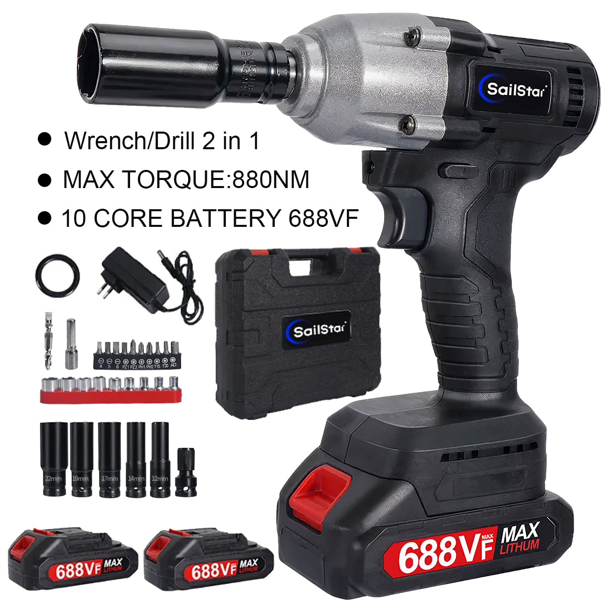 Sailstar 2 in 1 Electric Impact Wrench 8800N.M High Torque 688VF Lithium Battery Wrench & Screwdriver Dual Use