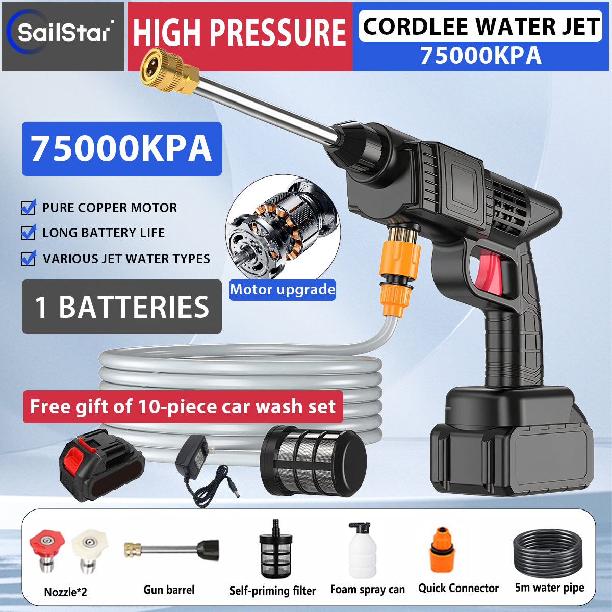 SailStar 75000KPa Wireless High - Pressure Washer - 2 Batteries & 8 - in - 1 Set