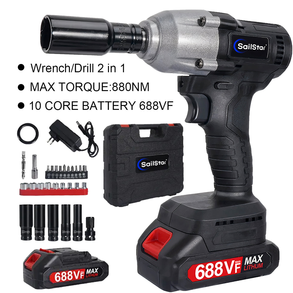 Sailstar 2 in 1 Electric Impact Wrench 8800N.M High Torque 688VF Lithium Battery Wrench & Screwdriver Dual Use